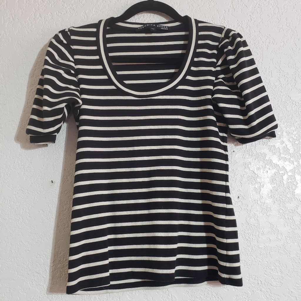 Veronica Beard Puffed Sleeves Stripe Scoopneck Tee T-Shirt Xsmall